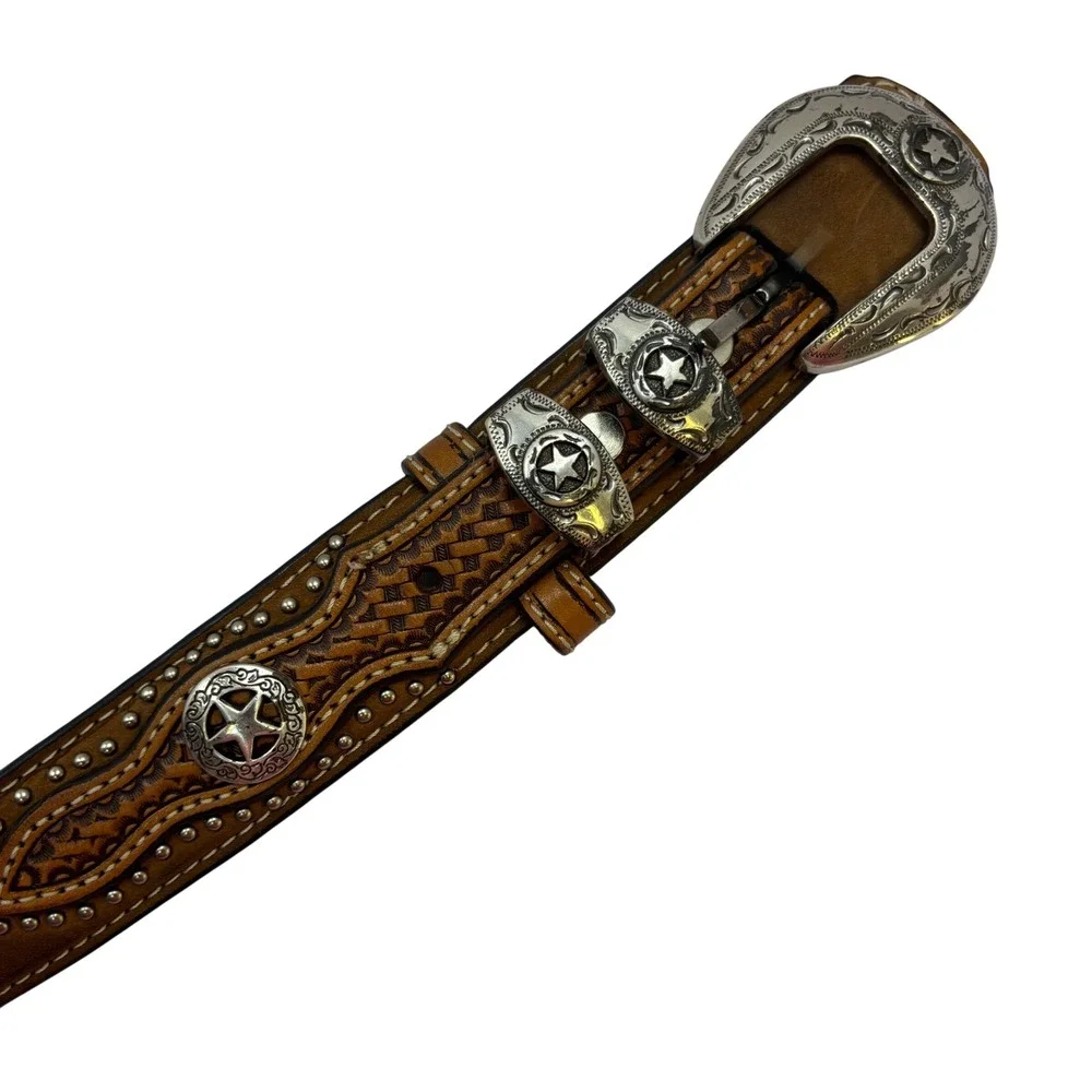 Nocona Mens Tan Leather Western Basketweave‎ Star Concho Belt 46 N2491844